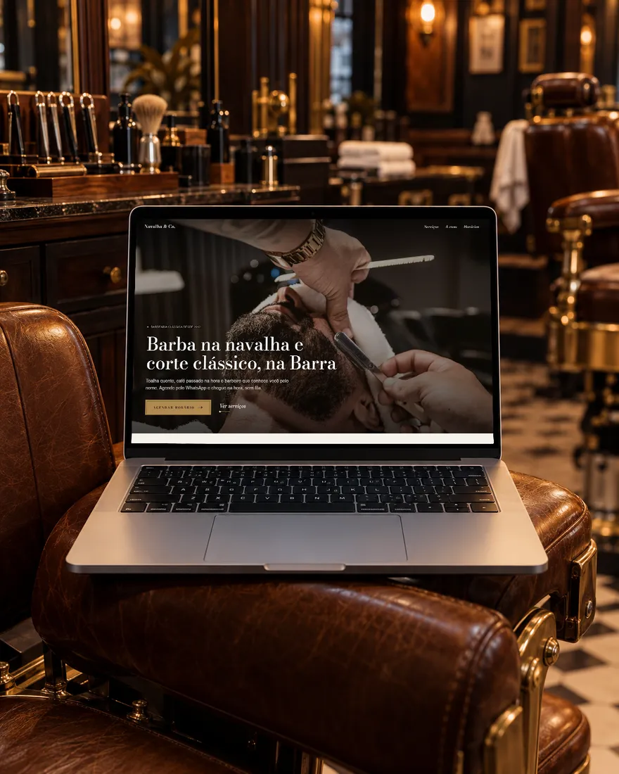 Site do modelo Barbearia aberto no notebook
